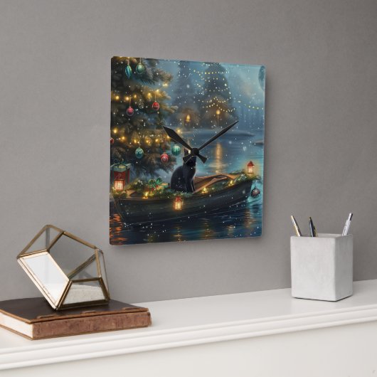 Horloge Carrée Black Cat Noël Festive Voyage (Bureau)