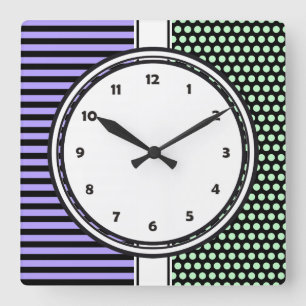 Horloge Carrée Black Dots & Stripes Grid + your backgr. &