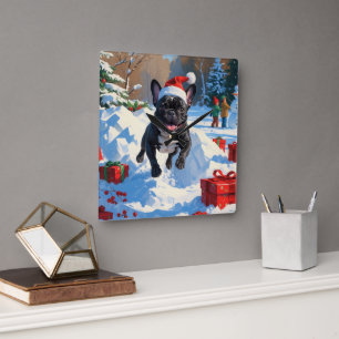 Horloge Carrée Black French Bulldog Festive de Noël Scène de neig