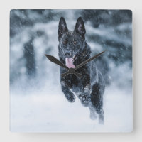 Black German Shepherd in snow Duvet Cover