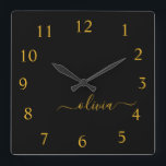 Horloge Carrée Black Gold Script Monogram Girly<br><div class="desc">Gold and Black Script Monogram Clock This makes the perfect sweet 16 birthday,  wedding,  bridal shower,  anniversary,  baby shower or bachelorette party gift for someone that loves glam luxury and chic styles.</div>