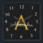 Horloge Carrée Black Gold Script Monogram Girly<br><div class="desc">Gold and Black Script Monogram Clock This makes the perfect sweet 16 birthday,  wedding,  bridal shower,  anniversary,  baby shower or bachelorette party gift for someone that loves glam luxury and chic styles.</div>