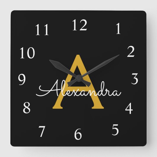 Horloge Carrée Black Gold Script Monogram Girly (Recto)