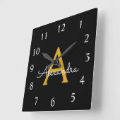 Horloge Carrée Black Gold Script Monogram Girly (Angle)