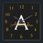 Horloge Carrée Black Gold Script Monogram Girly<br><div class="desc">Gold and Black Script Monogram Clock This makes the perfect sweet 16 birthday,  wedding,  bridal shower,  anniversary,  baby shower or bachelorette party gift for someone that loves glam luxury and chic styles.</div>