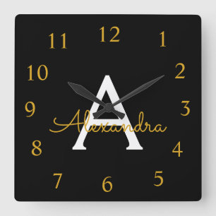 Horloge Carrée Black Gold Script Monogram Girly