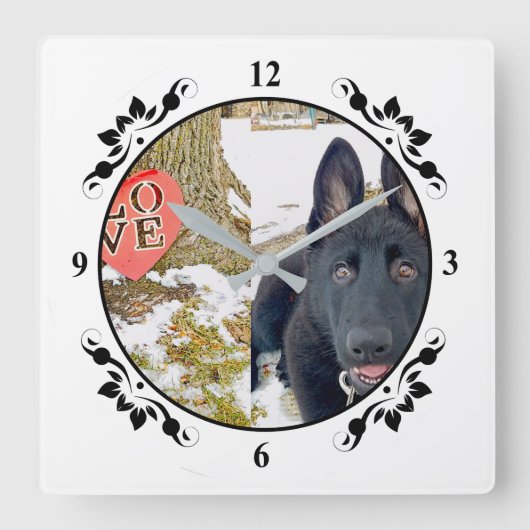 Horloge Carrée Black GSD Puppy & Love Heart Square Wall Clock (Recto)