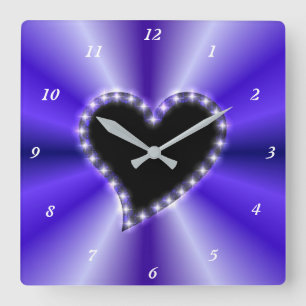 Horloge Carrée Black Heart with Stars on Purple Rainbow