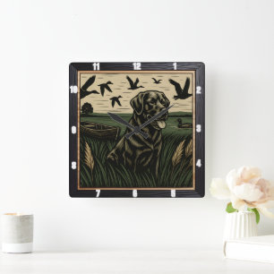 Horloge Carrée Black Lab Chasse au canard