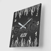 Horloge Carrée Black Leather & Silver Flames Hot Fire Motorcycle (Angle)