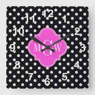 Horloge Carrée Black What Polka Point Hot Rose Quatrefoil 3 Monog