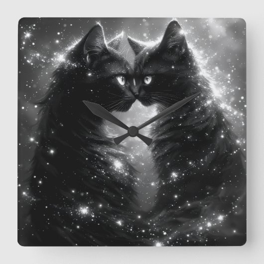 Horloge Carrée Black Whimsical Cat Clock (Recto)