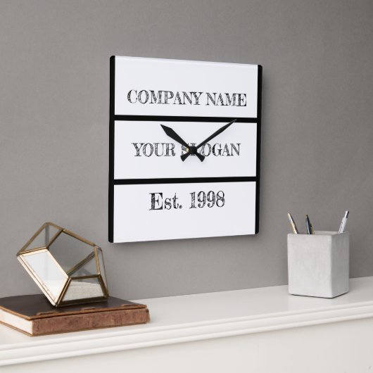 Horloge Carrée Black & White Block Style Company Name (Bureau)