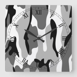 Horloge Carrée Black White Gray Camouflage