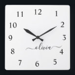 Horloge Carrée Black White Script monogram Girly<br><div class="desc">White and Black Script Monogram Clock. This makes the perfect sweet 16 birthday,  wedding,  bridal shower,  anniversary,  baby shower or bachelorette party gift for someone that loves glam luxury and chic styles.</div>