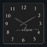 Horloge Carrée Black White Script monogram Girly<br><div class="desc">White and Black Script Monogram Clock. This makes the perfect sweet 16 birthday,  wedding,  bridal shower,  anniversary,  baby shower or bachelorette party gift for someone that loves glam luxury and chic styles.</div>