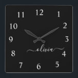 Horloge Carrée Black White Script monogram Girly<br><div class="desc">White and Black Script Monogram Clock. This makes the perfect sweet 16 birthday,  wedding,  bridal shower,  anniversary,  baby shower or bachelorette party gift for someone that loves glam luxury and chic styles.</div>