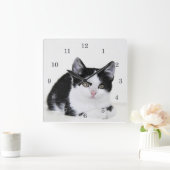 Horloge Carrée Black White Thoughtful Kitten Wall Clock (Maison)