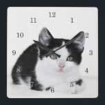 Horloge Carrée Black White Thoughtful Kitten Wall Clock<br><div class="desc">"A adorable clock with a cute black and white thoughtful kitten" You can personalize with your own special text, font and color. Other products with this design can be found in our shop.</div>