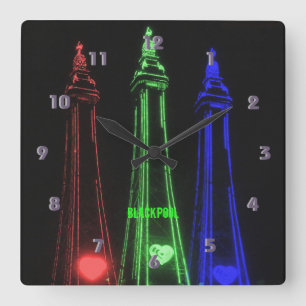Horloge Carrée Blackpool Beautiful Tower Lights, Red, Green,