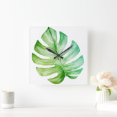 Horloge Carrée Blanc Feuille de Monstera Botanique Tropical (Maison)