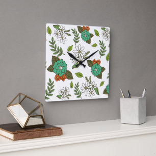 Horloge Carrée Blanc Rétro et Floral Vert