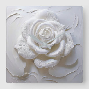 Horloge Carrée Blanc sur blanc - Rose sculpté