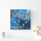 Horloge Carrée Bleu acrylique Abstrait, Blanc, Marine (Maison)
