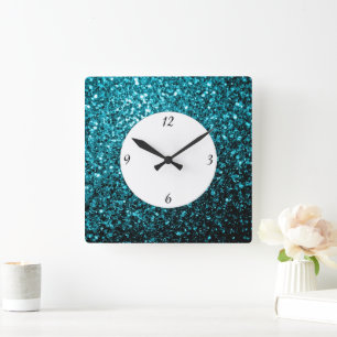 Horloge Carrée Bleu aqua brillant faux paillettes scintillent