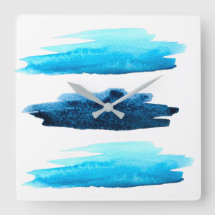 Horloge Carrée  Bleu aquarelle abstraite bande