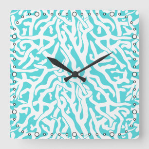 Horloge Carrée Bleu blanc nautique de motif de récif coralien de