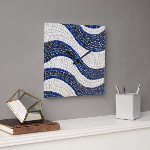 Horloge Carrée Bleu blanc Vague Motif 04