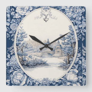 Horloge Carrée Bleu de toile à fleurs
