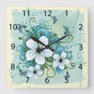 Horloge Carrée Bleu d'été Floral & Papillons