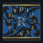 Horloge Carrée Bleu Flourissant Design Gold Bordure avec Monogram<br><div class="desc">Blue Flourish Design Gold Border avec Monogram Designs par Umua. Imprimé et expédié par Zazzle ou ses partenaires.</div>