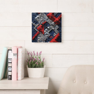 Horloge Carrée Bleu foncé Rouge vif Argent Micro Mosaïque 3D 