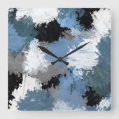 Horloge Carrée Bleu Gris Noir Abstrait Brosses (Recto)
