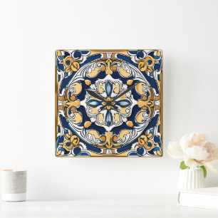 Horloge Carrée Bleu jaune noir Azuleju espagnol marocain