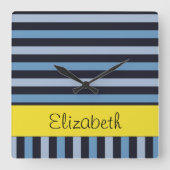 Horloge Carrée Bleu, Lignes, Motif rayé, Votre Nom (Recto)