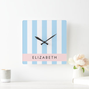 Horloge Carrée Bleu, Motif rayé, Lignes, Votre Nom