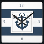 Horloge Carrée Bleu nautique et Ancre avec Monogramme<br><div class="desc">Gras rayures bleu marine et blanc avec ancre et monogramme. Personnalisez comme préféré.</div>