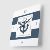 Horloge Carrée Bleu nautique et Ancre avec Monogramme (Angle)