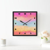 Horloge Carrée Bleu rose Jaune arc-en-ciel Abstraites bandes (Maison)