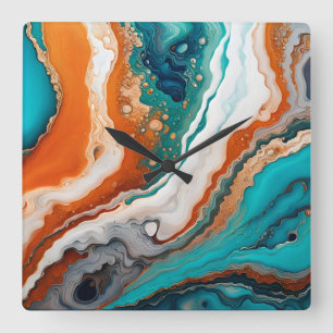 Horloge Carrée bleu turquoise, rouille et or peinture abstrait