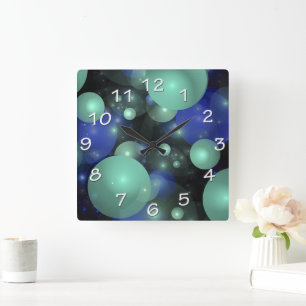 Horloge Carrée Bleu vert Abstrait contemporain Bulles flottantes