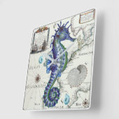 Horloge Carrée Bleu vintage de carte d'hippocampe (Angle)