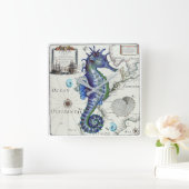 Horloge Carrée Bleu vintage de carte d'hippocampe (Maison)