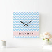 Horloge Carrée Bleu Zigzag, Bleu Chevron, Vague Motif, Votre Nom (Maison)