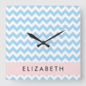 Horloge Carrée Bleu Zigzag, Bleu Chevron, Vague Motif, Votre Nom (Recto)