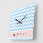 Horloge Carrée Bleu Zigzag, Bleu Chevron, Vague Motif, Votre Nom (Angle)